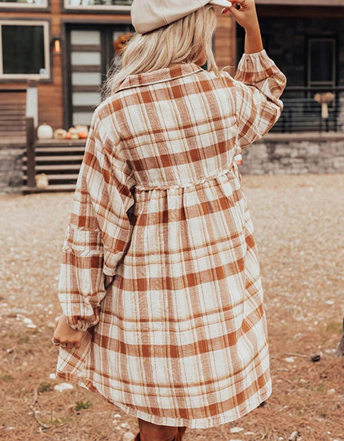Load image into Gallery viewer, Plaid Collared Neck Long Sleeve Mini Shirt Dress

