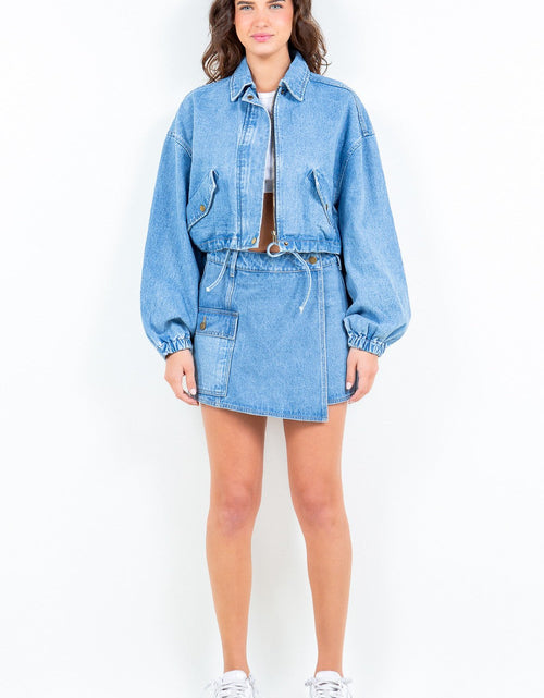 Load image into Gallery viewer, American Bazi Drawstring Waist Crop Denim Jacket
