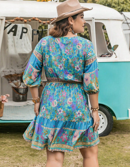 Load image into Gallery viewer, Plus Size Printed Tie Neck Mini Dress
