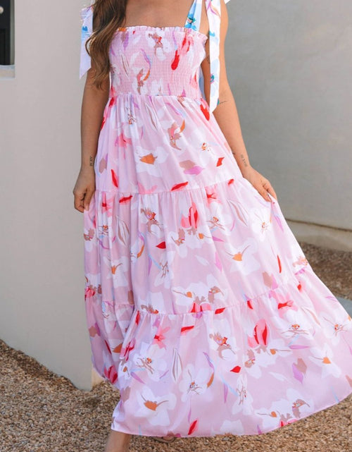 Load image into Gallery viewer, Floral Print Knotted Shoulder Smocked Maxi Dress
