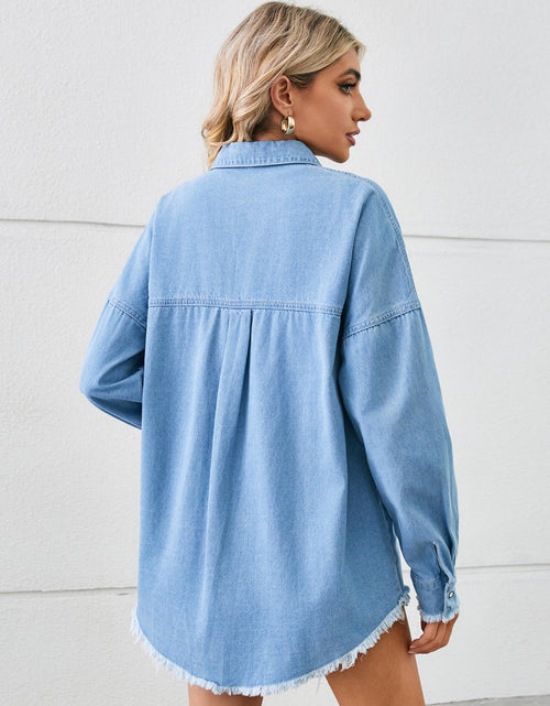 Load image into Gallery viewer, Distressed Raw Hem Dropped Shoulder Denim Jacket
