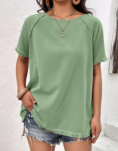Load image into Gallery viewer, Ivy Lane Round Neck Raglan Sleeve Fringe Detail Top
