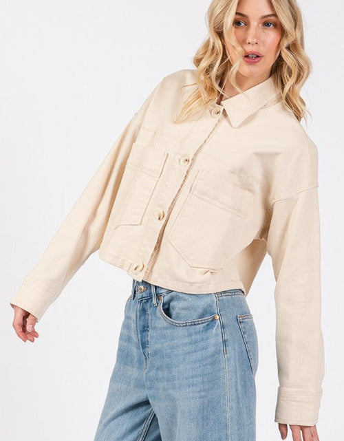 Load image into Gallery viewer, bytos Button Down Cropped Denim Jacket with Patch Pockets
