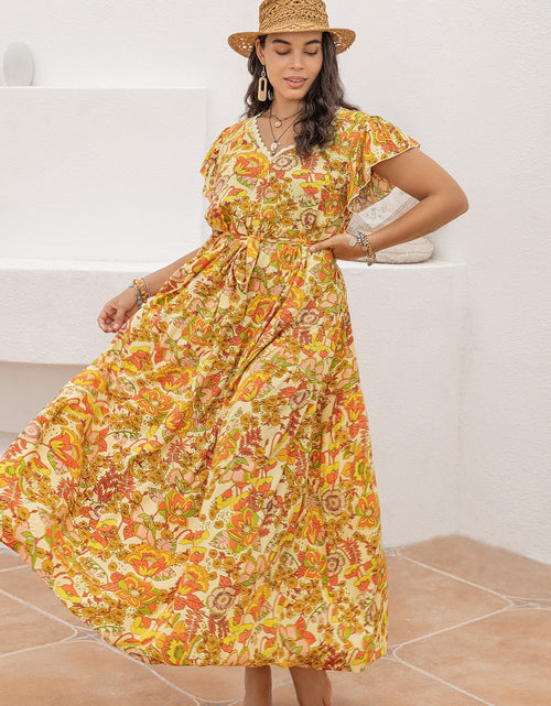 Load image into Gallery viewer, Plus Size Printed V-Neck Flutter Sleeve Tie Waist Maxi Dress
