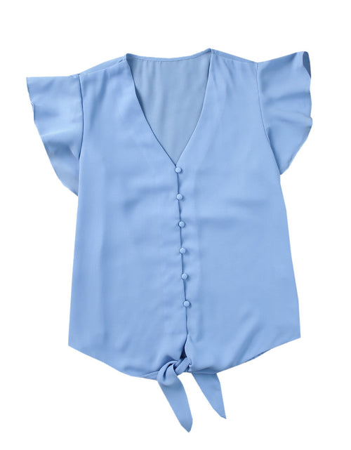 Load image into Gallery viewer, V-Neck Tie Hem Flutter Sleeve Blouse

