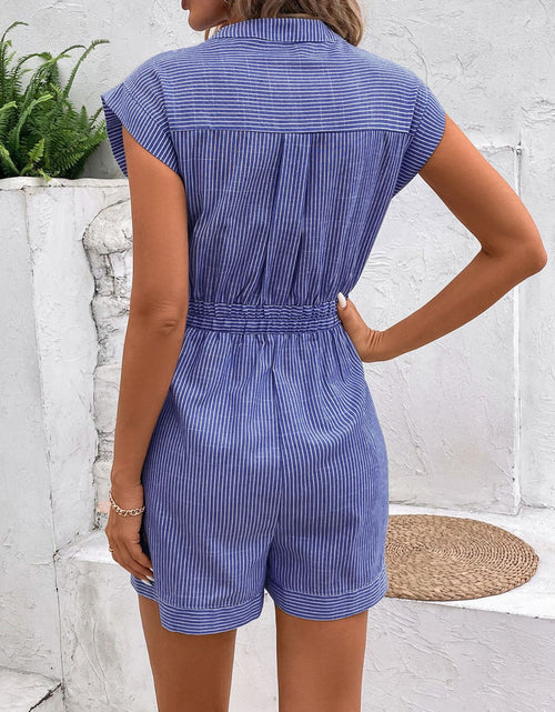Load image into Gallery viewer, Perfee Striped Notched Tie Waist Romper

