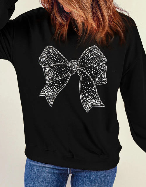 Load image into Gallery viewer, Rhinestone Bow Round Neck Long Sleeve Sweatshirt
