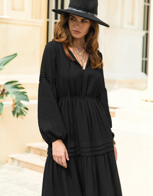 Load image into Gallery viewer, Tie Neck Long Sleeve Midi Tiered Dress
