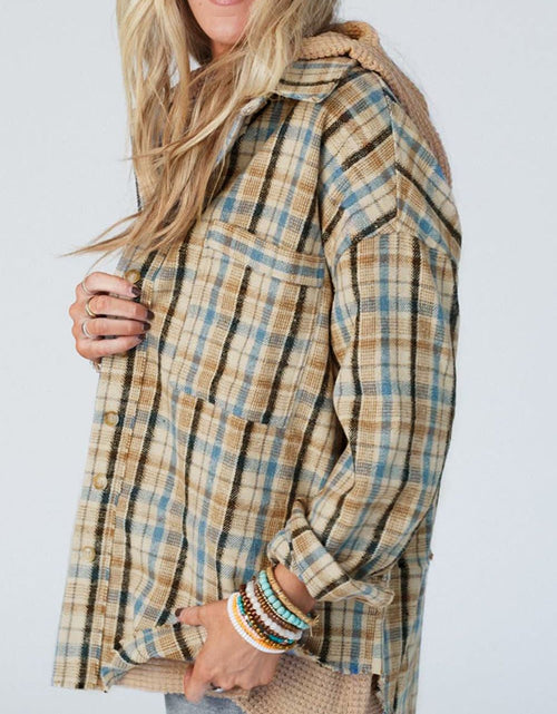 Load image into Gallery viewer, Drawstring Waffle Knit Patchwork Hooded Plaid Shacket
