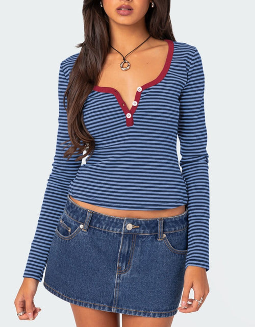 Load image into Gallery viewer, Buttoned Striped Long Sleeve T-Shirt
