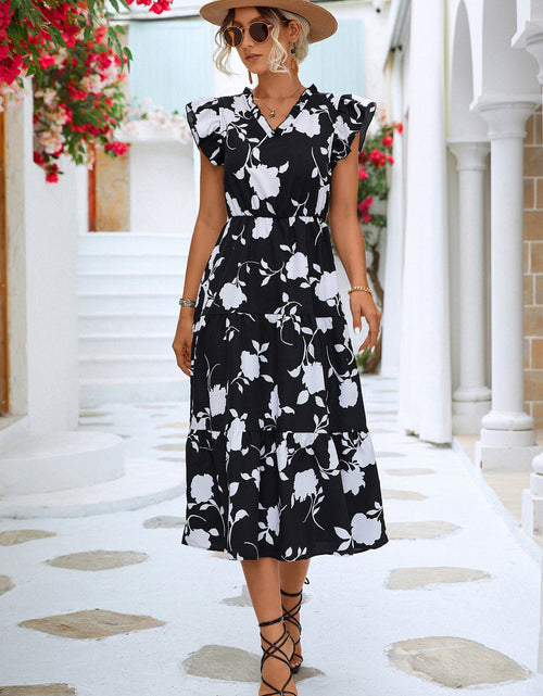 Load image into Gallery viewer, Floral Frill Trim V-Neck Tiered Midi Dress
