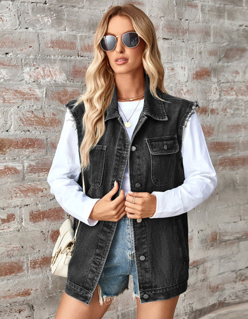 Load image into Gallery viewer, Raw Hem Sleeveless Button Up Denim Jacket
