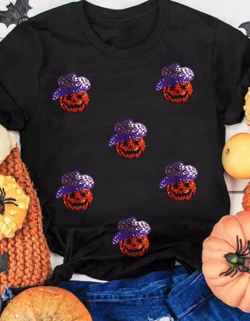 Load image into Gallery viewer, Sequin Pumpkin Round Neck Short Sleeve T-Shirt
