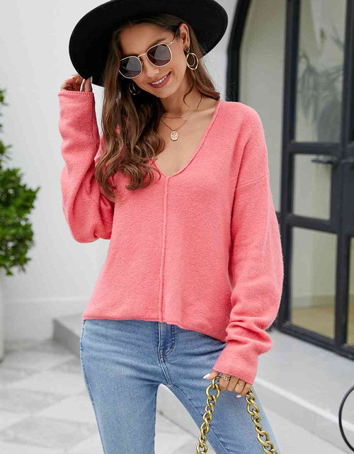 Load image into Gallery viewer, V-Neck Drop Shoulder Long Sleeve Knit Top
