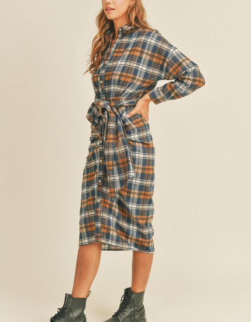 Load image into Gallery viewer, Mable Plaid Flannel Front Tie Button Down Shirt Dress
