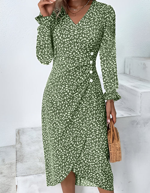 Load image into Gallery viewer, Full Size Printed Surplice Long Sleeve Midi Dress
