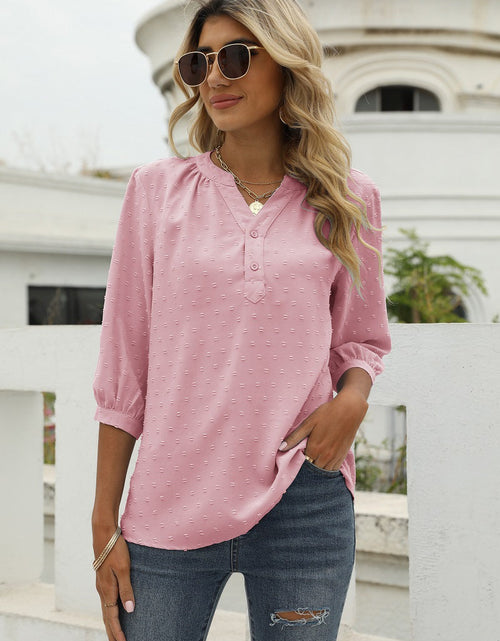 Load image into Gallery viewer, Swiss Dot Notched Neck Three-Quarter Sleeve Blouse
