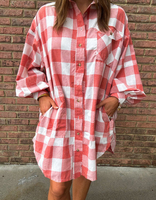 Load image into Gallery viewer, Plaid Collared Neck Long Sleeve Shirt Dress
