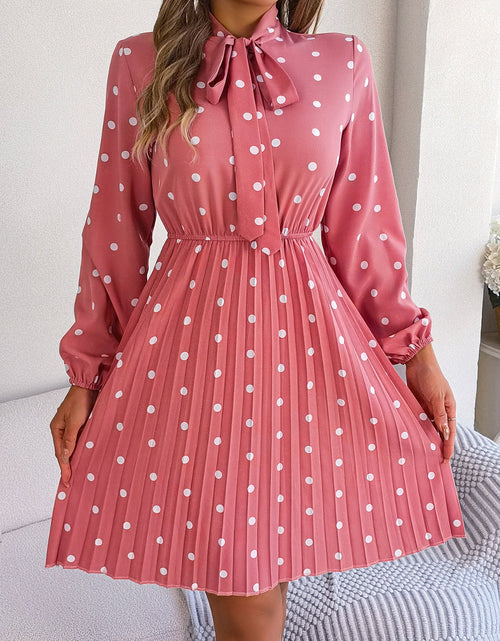 Load image into Gallery viewer, Polka Dot Tie Neck Pleated Dress
