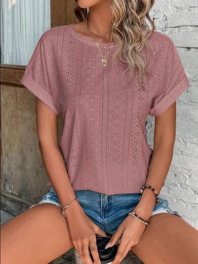 Load image into Gallery viewer, Eyelet Round Neck Short Sleeve T-Shirt

