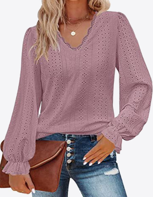 Load image into Gallery viewer, Eyelet V-Neck Flounce Sleeve Blouse

