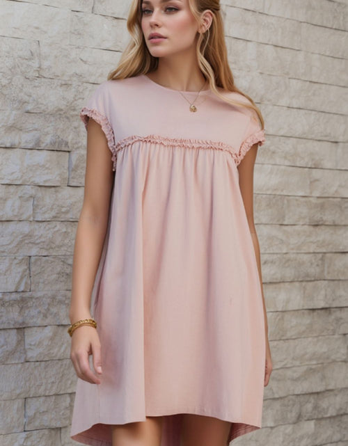 Load image into Gallery viewer, Frilled Trim Crew Neck Cap Sleeve Loose Fit Mini Dress

