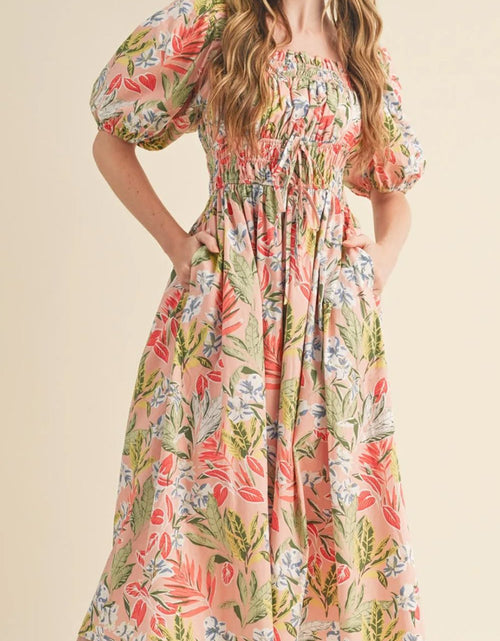 Load image into Gallery viewer, Floral Smocked Square Neck Puff Short Sleeve Midi Dress
