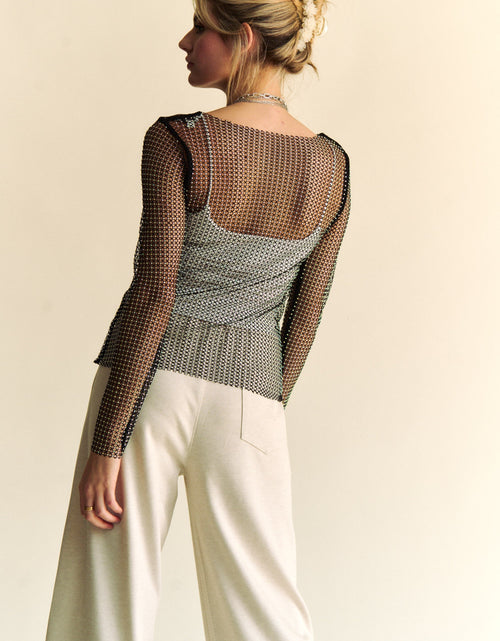 Load image into Gallery viewer, Davi &amp; Dani Sparkling Rhinestone Sheer Mesh Round Neck Top
