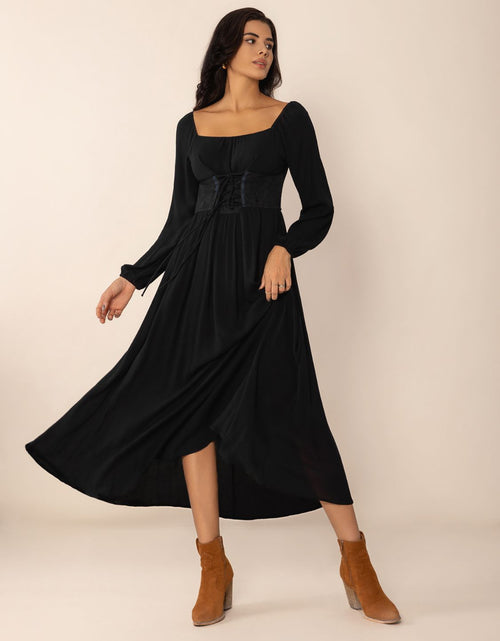 Load image into Gallery viewer, Lace-Up Square Neck Long Sleeve Midi Dress
