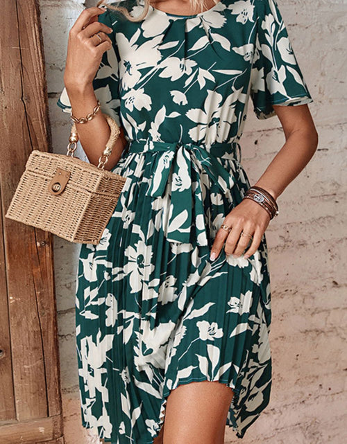 Load image into Gallery viewer, Perfee Floral Round Neck Tie Belt Pleated Dress
