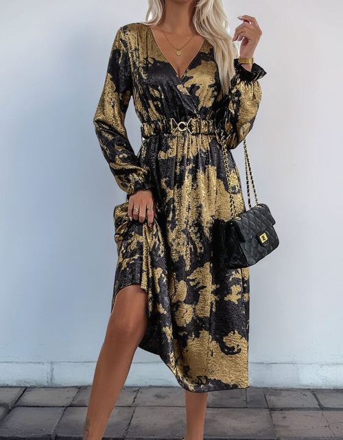 Load image into Gallery viewer, Perfee Printed Surplice Long Sleeve Midi Dress
