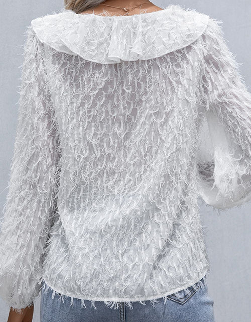 Load image into Gallery viewer, Ivy Lane Ruffle Hem Fringe V-Neck Balloon Sleeve Blouse
