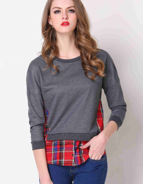 Load image into Gallery viewer, Full Size Plaid Patch Drop Shoulder Round Neck Top
