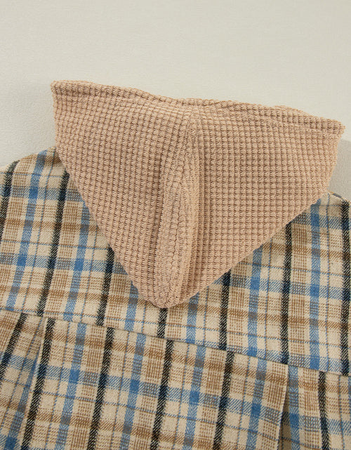 Load image into Gallery viewer, Drawstring Waffle Knit Patchwork Hooded Plaid Shacket
