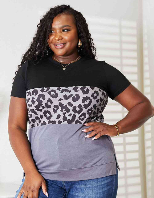 Load image into Gallery viewer, Double Take Leopard Print Color Block Short Sleeve T-Shirt
