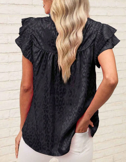 Load image into Gallery viewer, Leopard Frill Mock Neck Ruffled Cap Sleeve Top
