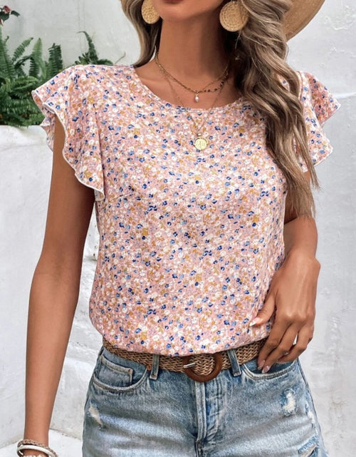 Load image into Gallery viewer, Ditsy Floral Round Neck Cap Sleeve Top
