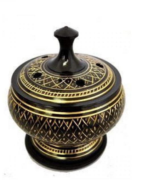 Load image into Gallery viewer, Black Carved Brass Burner with Lid by OMSutra
