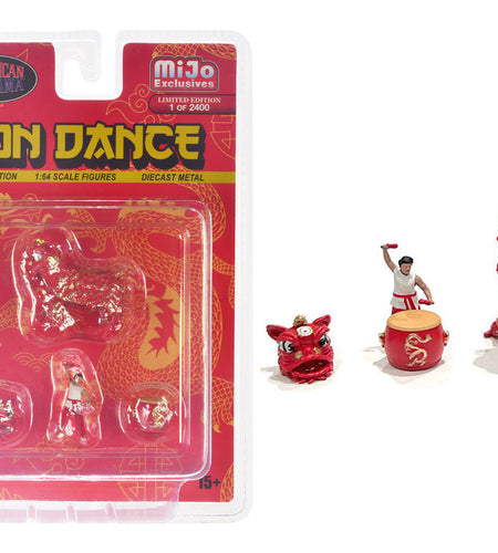 "Lion Dance" 4 piece Diecast Figure Set (1 Figures 1 Lion 2 Accessories) Limited Edition to 2400 pieces Worldwide for 1/64 Scale Models by American Diorama