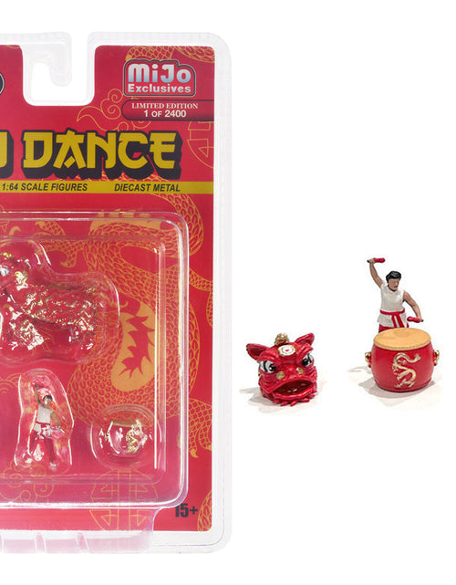 Load image into Gallery viewer, "Lion Dance" 4 piece Diecast Figure Set (1 Figures 1 Lion 2 Accessories) Limited Edition to 2400 pieces Worldwide for 1/64 Scale Models by American Diorama
