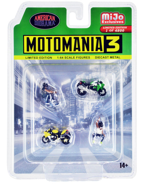 Load image into Gallery viewer, "Motomania 3" 4 piece Diecast Set (2 Figures and 2 Motorcycles) Limited Edition to 4800 pieces Worldwide for 1/64 Scale Models by American Diorama
