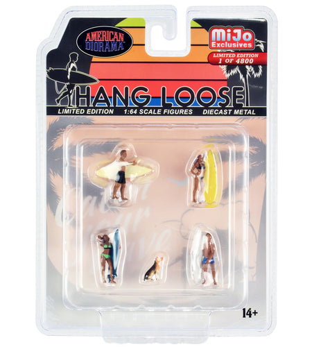 "Hang Loose" 5 piece Diecast Set (4 Surfer Figures and 1 Dog) Limited Edition to 4800 pieces Worldwide for 1/64 Scale Models by American Diorama
