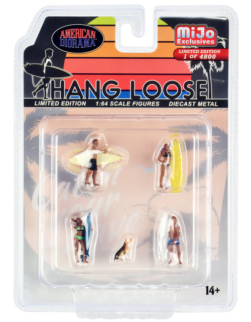 Load image into Gallery viewer, "Hang Loose" 5 piece Diecast Set (4 Surfer Figures and 1 Dog) Limited Edition to 4800 pieces Worldwide for 1/64 Scale Models by American Diorama
