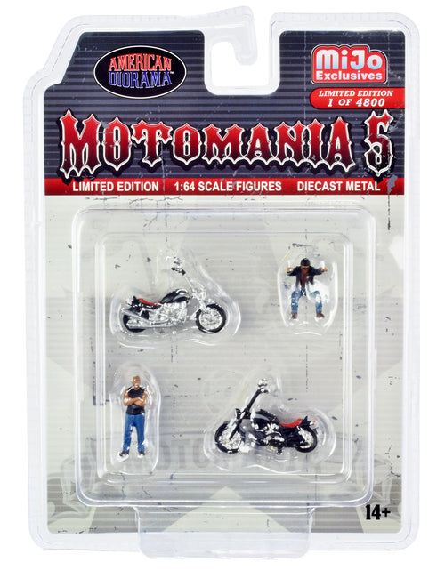 Load image into Gallery viewer, "Motomania 5" 4 piece Diecast Set (2 Figures and 2 Motorcycles) Limited Edition to 4800 pieces Worldwide for 1/64 Scale Models by American Diorama
