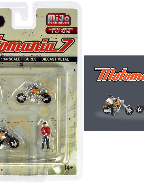 Load image into Gallery viewer, "Motomania 7" 4 piece Diecast Figure Set (2 Figures 2 Motorcycles) Limited Edition to 4800 pieces Worldwide for 1/64 scale models by American Diorama

