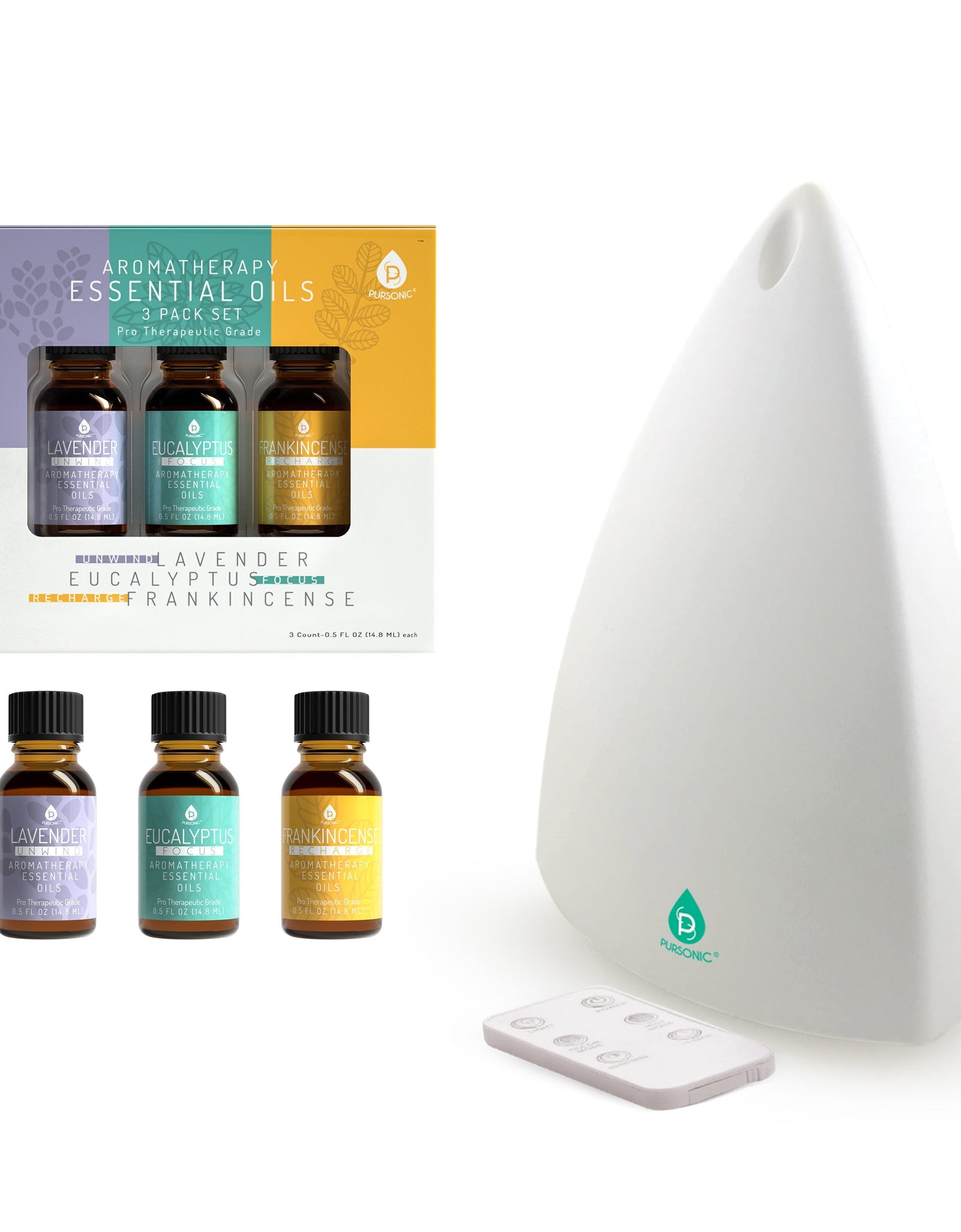Pursonic Aromatherapy Diffuser & Essential Oil Set -Ultrasonic Top 3 Oils by Pursonic