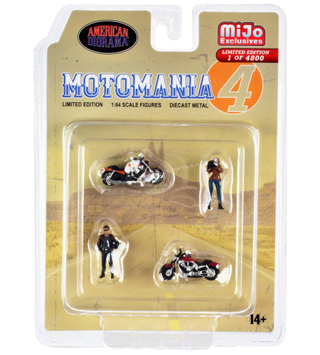 "Motomania 4" 4 piece Diecast Set (2 Figures and 2 Motorcycles) Limited Edition to 4800 pieces Worldwide 1/64 Scale Models by American Diorama
