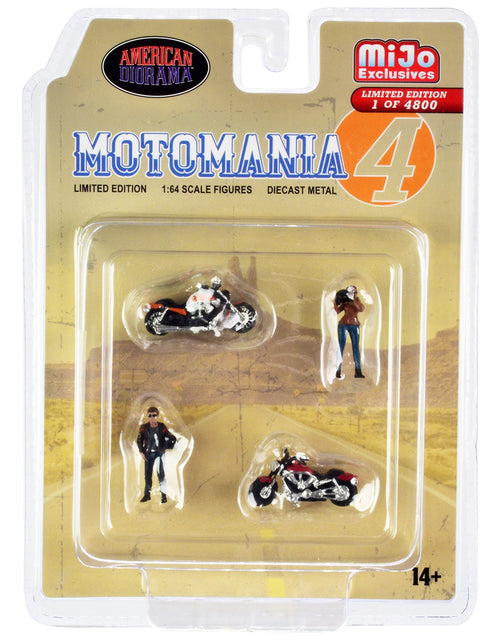 Load image into Gallery viewer, "Motomania 4" 4 piece Diecast Set (2 Figures and 2 Motorcycles) Limited Edition to 4800 pieces Worldwide 1/64 Scale Models by American Diorama
