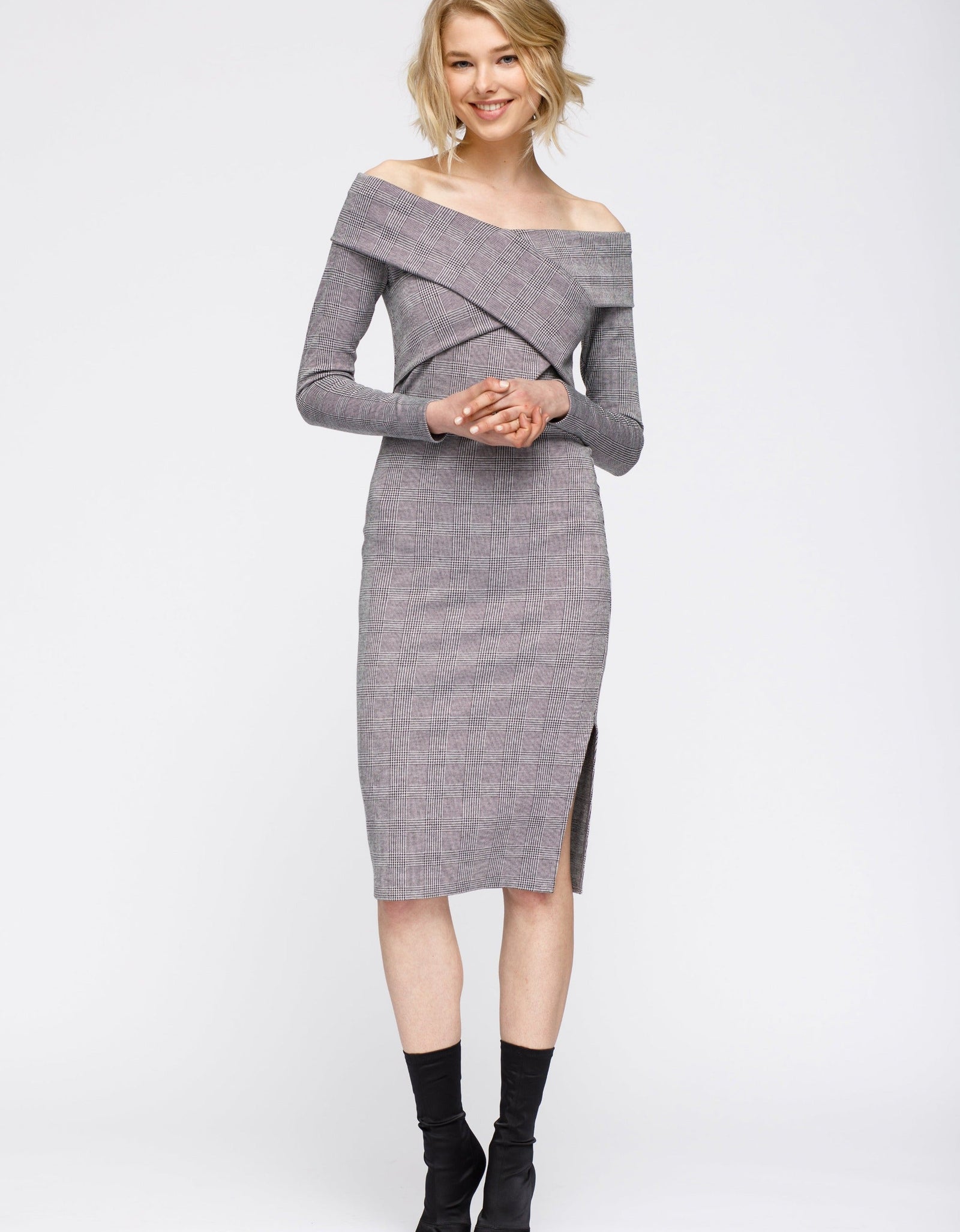 Women's Glen Plaid Off Shoulder Crisscross Dress In Grey Black by Shop at Konus