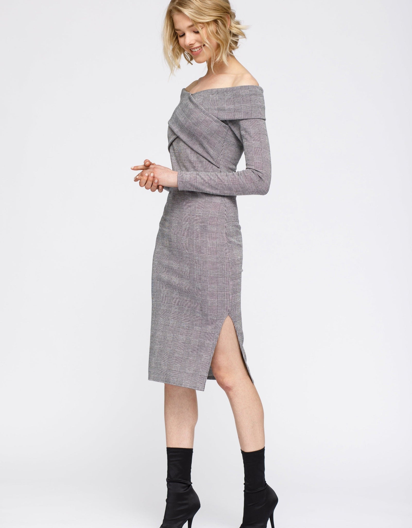 Women's Glen Plaid Off Shoulder Crisscross Dress In Grey Black by Shop at Konus